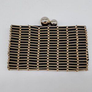 Rodo Studded Cage Clutch Bag Brass Beads Evening Pouch Black Fabric Lined